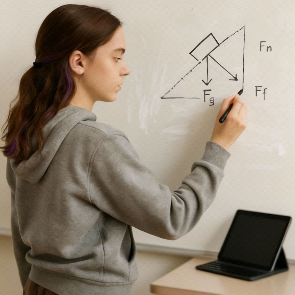 Student Working Through Physics Problem on Whiteboard Student solving a physics diagram on a whiteboard next to a tablet during class.