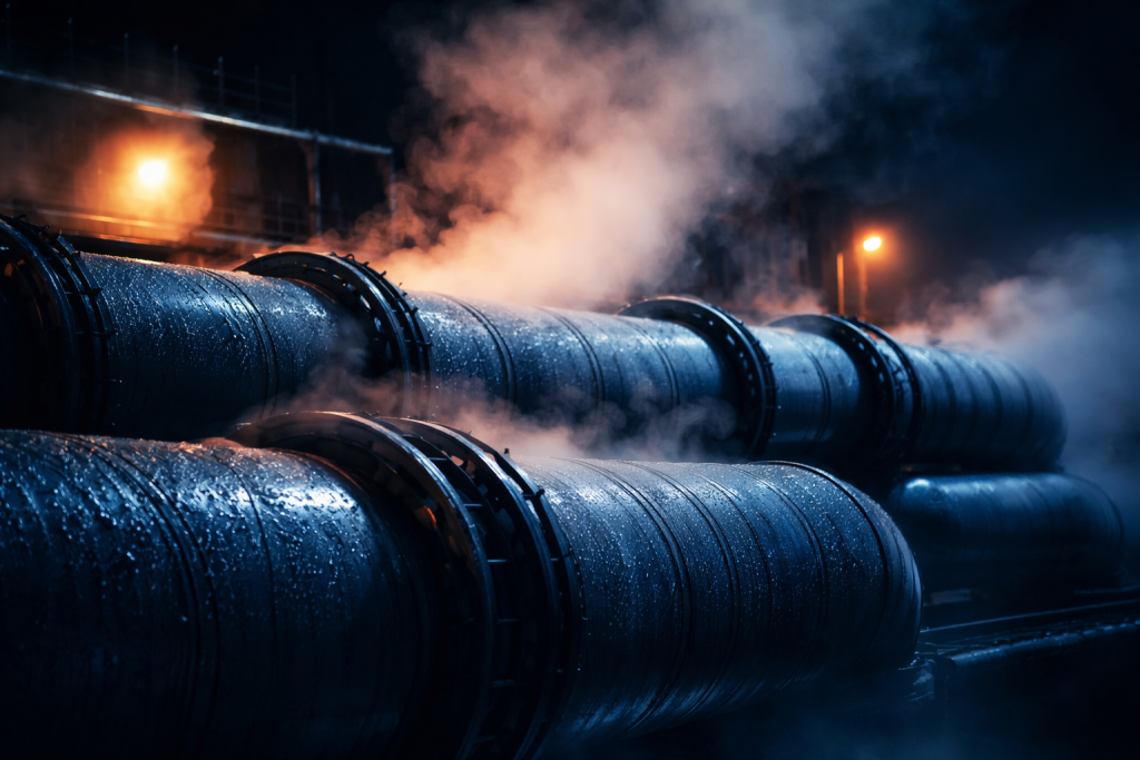 Industrial cooling facility and support infrastructure representing the power, water, and physical systems required to operate and scale AI.