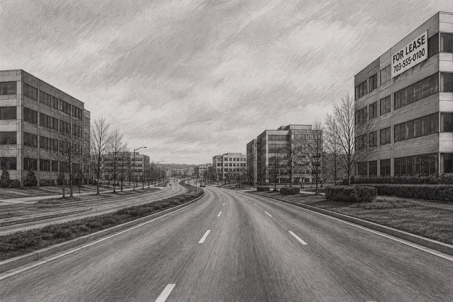 Black-and-white graphite-style drawing of an empty office park entrance road near Dulles, lined with modern office buildings and leafless trees. The nearest building on the right displays a large “For Lease” sign.