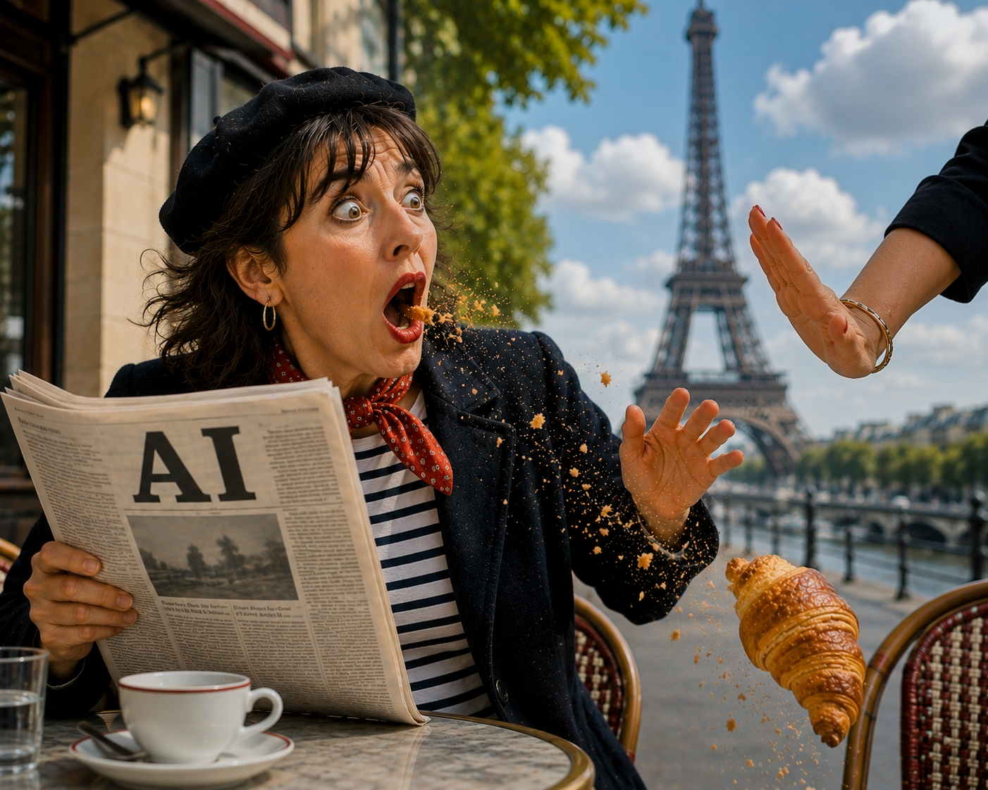 Shocked French woman at Paris café as an AI newspaper and airborne croissant symbolize Europe’s technological dependence.