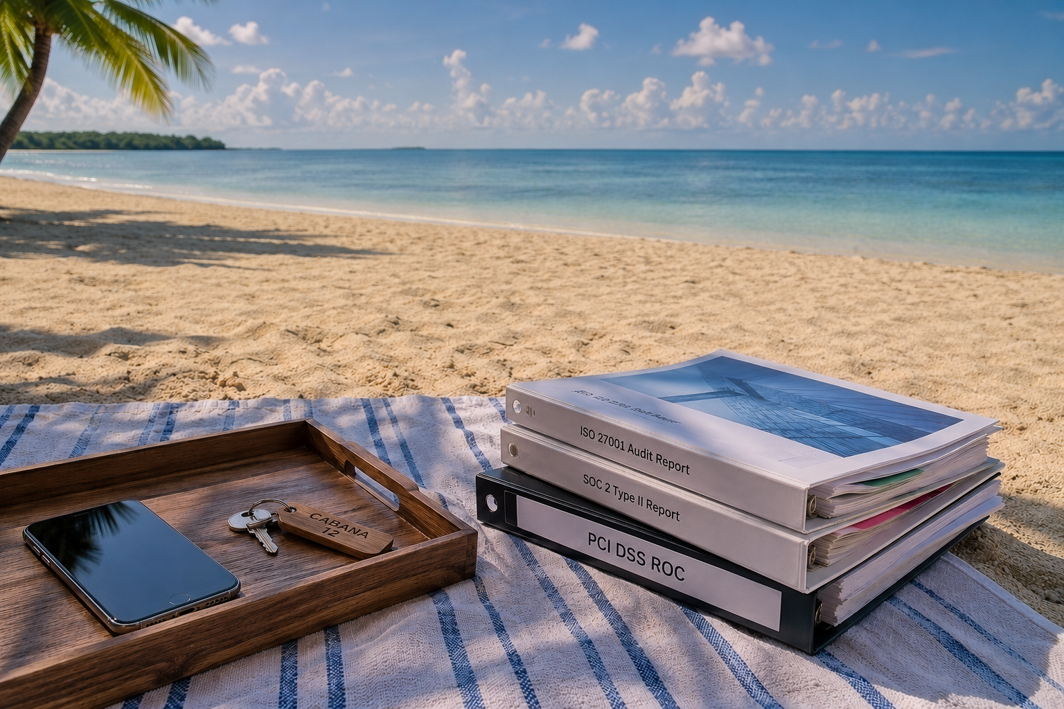 Beach towel with a phone, cabana keys, and audit reports labeled ISO 27001, SOC 2 Type II, and PCI DSS ROC in the sun.